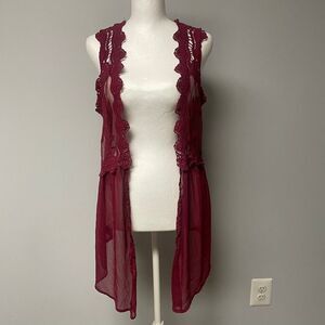 Belledujour Womens Sze Large Sheer Mesh Wine Crochet Lace Wimsigoth Vest
